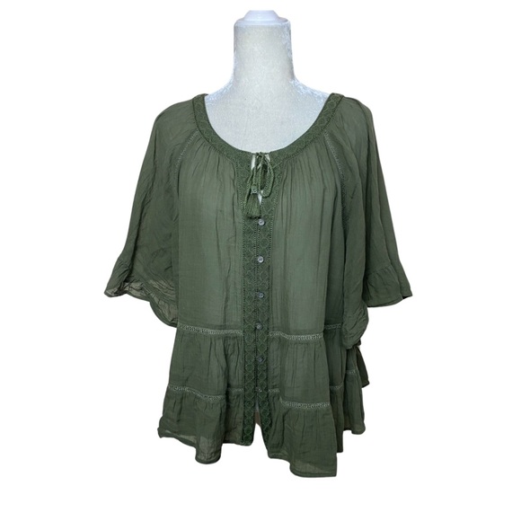 J. Jill Petite Olive Green Boho Top Flutter Sleeves & Tassel Tie Size XLP - Picture 3 of 12